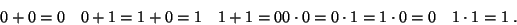 \begin{displaymath}\eqalign{&0+0=0\quad 0+1=1+0=1\quad 1+1=0\cr
&0\cdot 0=0\cdot 1=1\cdot 0=0\quad 1\cdot 1=1\;.\cr}\end{displaymath}